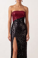 Load image into Gallery viewer, Sparkly Black Red Mermaid Strapless Sequin Long Formal Dress with Slit