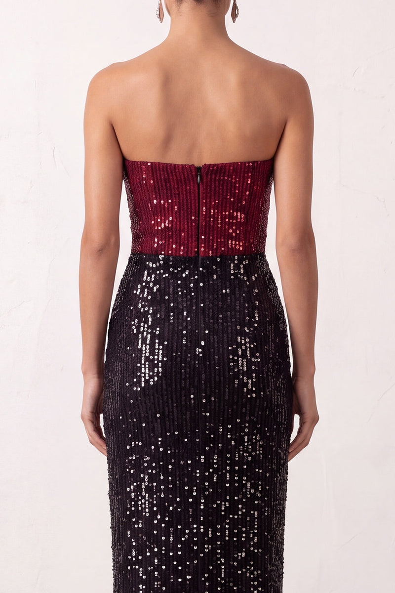 Load image into Gallery viewer, Sparkly Black Red Mermaid Strapless Sequin Long Formal Dress with Slit