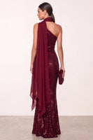 Load image into Gallery viewer, Sparkly Burgundy Mermaid Sequin Long Formal Dress with Neck Scarf