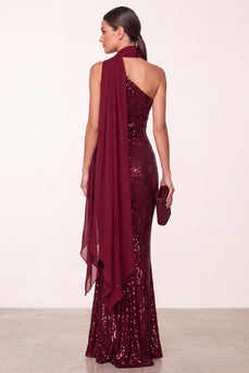 Sparkly Burgundy Mermaid Sequin Long Formal Dress with Neck Scarf