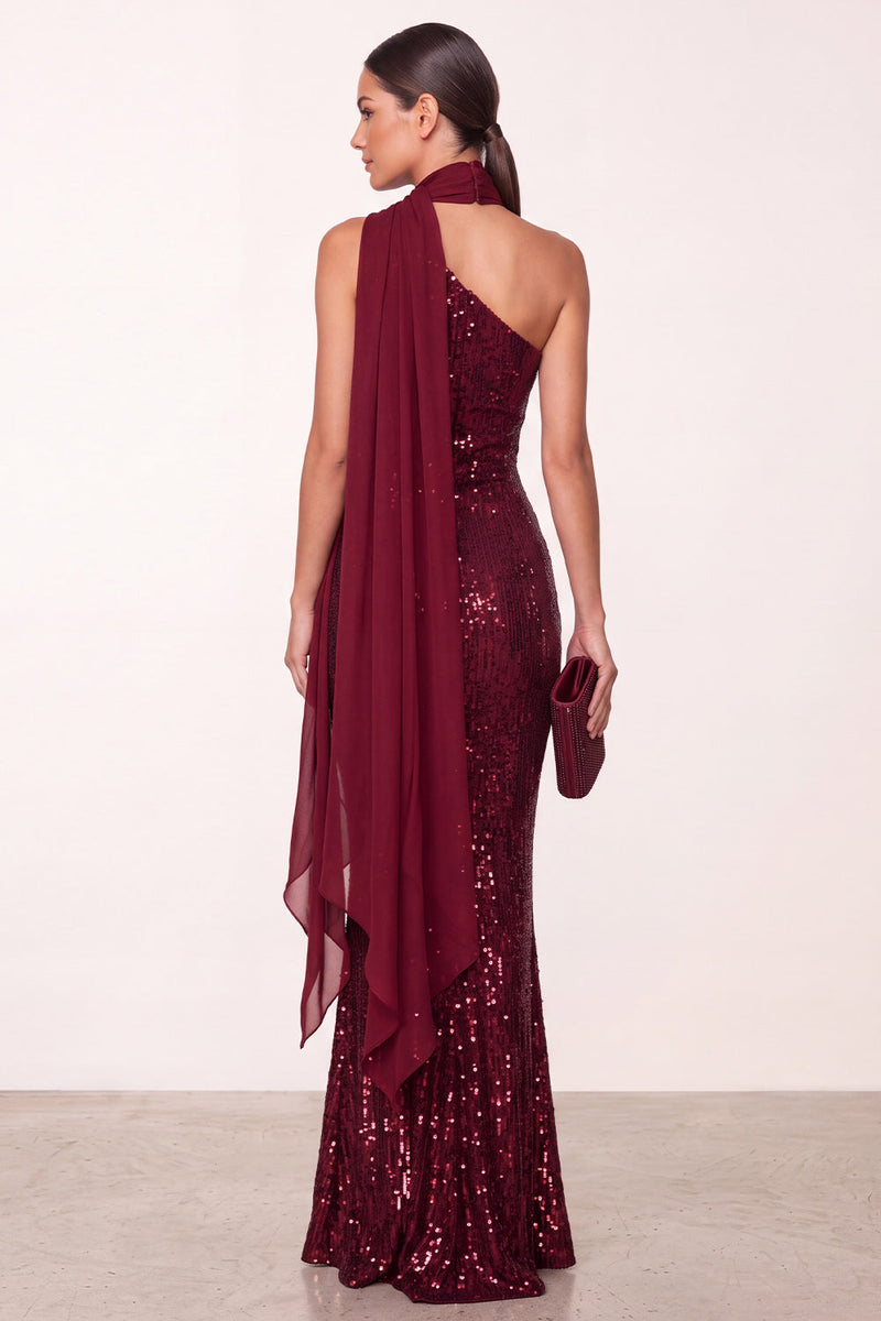 Load image into Gallery viewer, Sparkly Burgundy Mermaid Sequin Long Formal Dress with Neck Scarf