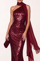 Load image into Gallery viewer, Sparkly Burgundy Mermaid Sequin Long Formal Dress with Neck Scarf