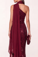 Load image into Gallery viewer, Sparkly Burgundy Mermaid Sequin Long Formal Dress with Neck Scarf