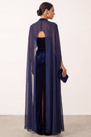 Load image into Gallery viewer, Navy Velvet High Neck Sheath Long Formal Dress with Cape