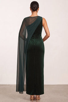 Sparkly Dark Green Mermaid Bateau Neck Beaded Long Formal Dress with Side Cape