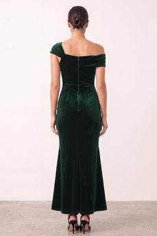 Dark Green Mermaid Ruched Asymmetrical Neck Velvet Long Formal Dress