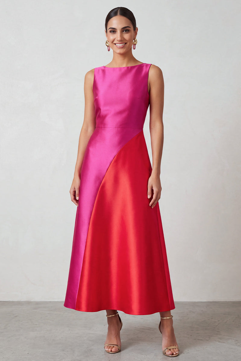 Load image into Gallery viewer, Fuchsia Red Satin A-Line Bateau Neck Patchwork Long Formal Dress