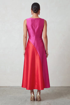 Fuchsia Red Satin A-Line Bateau Neck Patchwork Long Formal Dress