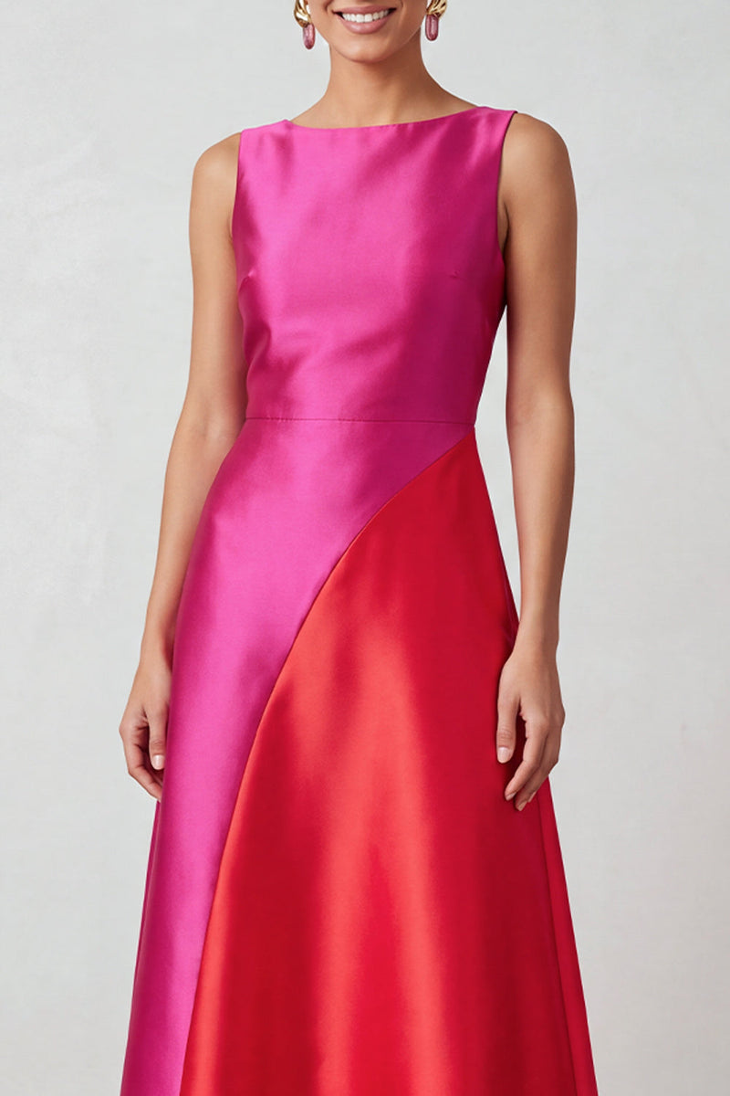 Load image into Gallery viewer, Fuchsia Red Satin A-Line Bateau Neck Patchwork Long Formal Dress