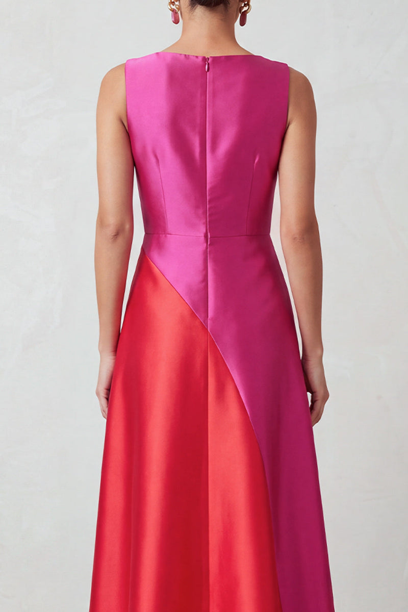 Load image into Gallery viewer, Fuchsia Red Satin A-Line Bateau Neck Patchwork Long Formal Dress