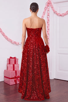 Sparkly Red Sequins A Line High-Low Ruffled Formal Dress