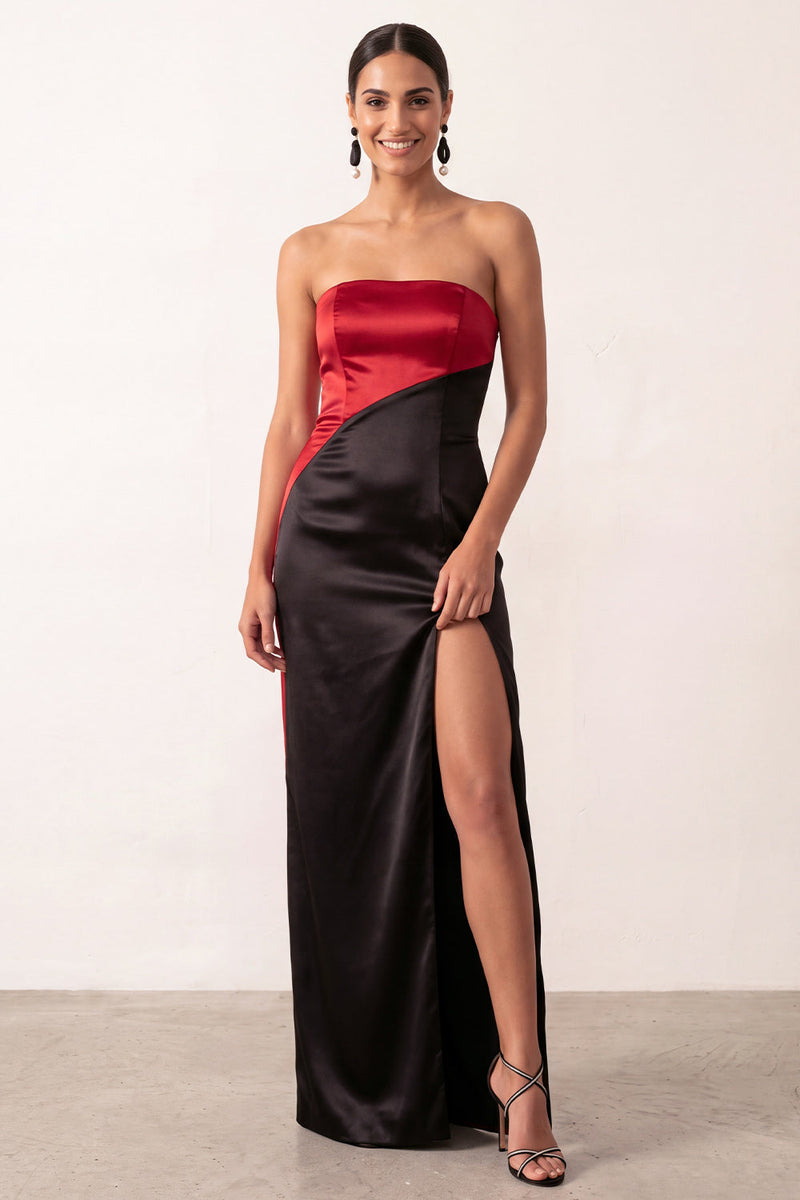 Load image into Gallery viewer, Black Red Strapless Sheath Satin Patchwork Long Formal Dress with Slit