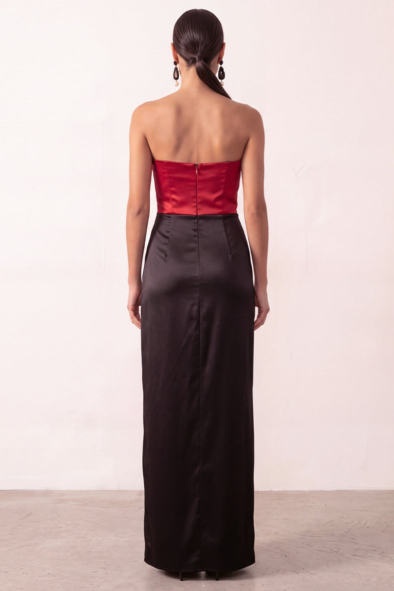 Load image into Gallery viewer, Black Red Strapless Sheath Satin Patchwork Long Formal Dress with Slit