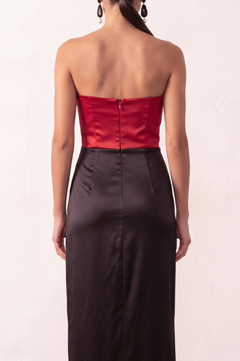 Load image into Gallery viewer, Black Red Strapless Sheath Satin Patchwork Long Formal Dress with Slit