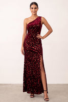 Load image into Gallery viewer, Sparkly Burgundy One Shoulder Sequin Long Formal Dress with Slit