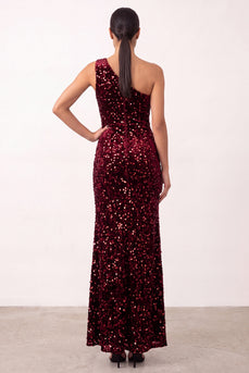 Sparkly Burgundy One Shoulder Sequin Long Formal Dress with Slit
