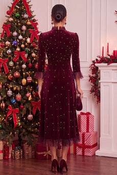 Burgundy Beaded Velvet Ruffled A-Line 3/4 Sleeves Midi Formal Dress