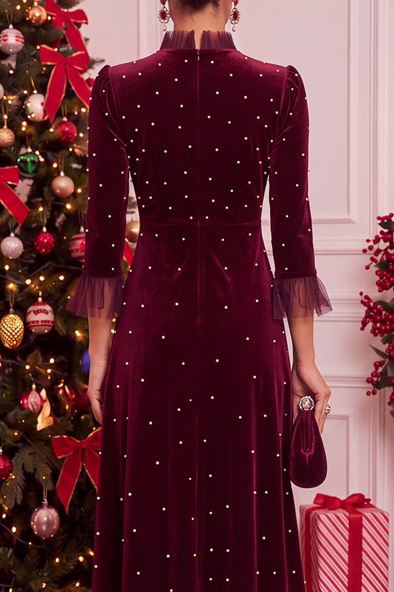 Load image into Gallery viewer, Burgundy Beaded Velvet Ruffled A-Line 3/4 Sleeves Midi Formal Dress