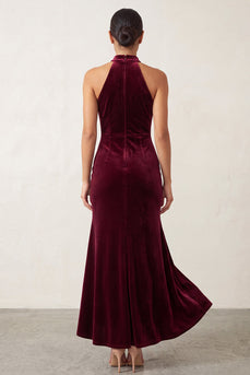 Burgundy Velvet Beaded High Neck Ruffled High-Low Formal Dress