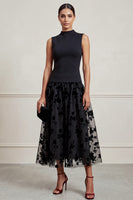 Load image into Gallery viewer, Black Champagne A-Line High Neck Floral Long Formal Dress