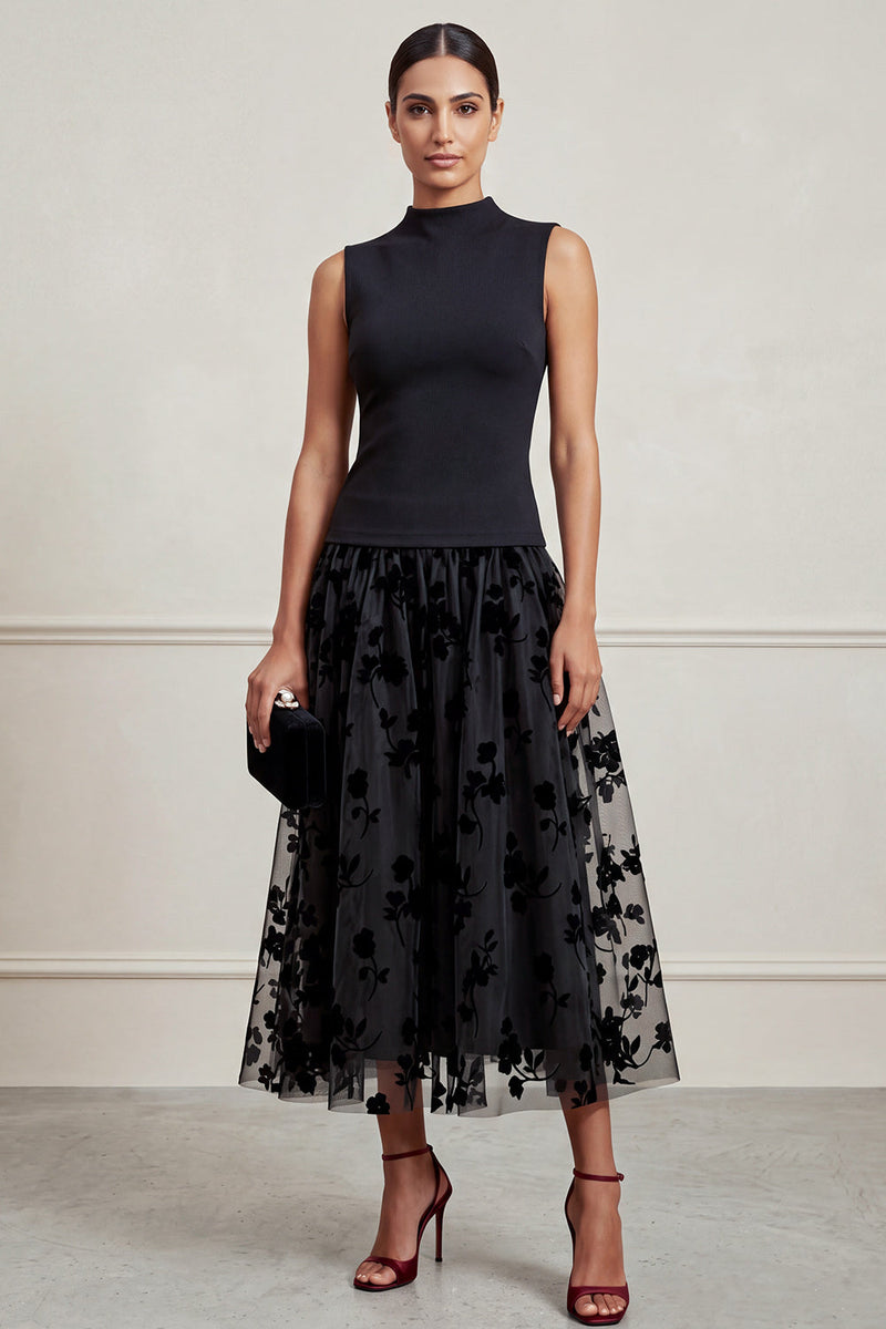 Load image into Gallery viewer, Black Champagne A-Line High Neck Floral Long Formal Dress