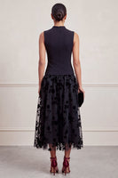 Load image into Gallery viewer, Black Champagne A-Line High Neck Floral Long Formal Dress