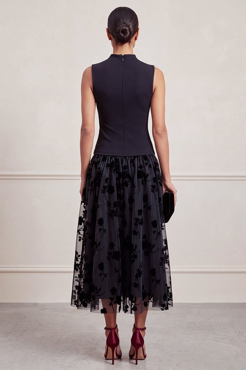 Load image into Gallery viewer, Black Champagne A-Line High Neck Floral Long Formal Dress