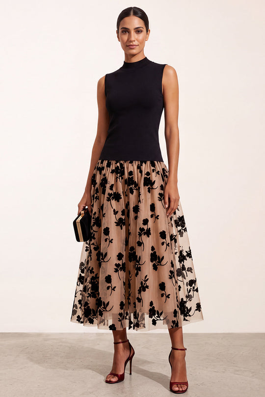Black Champagne A-Line High Neck Floral Long Formal Dress
