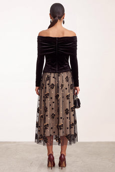 Black Champagne Floral A Line Velvet Ruched Midi Formal Dress with Sleeves