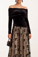 Load image into Gallery viewer, Black Champagne Floral A Line Velvet Ruched Midi Formal Dress with Sleeves