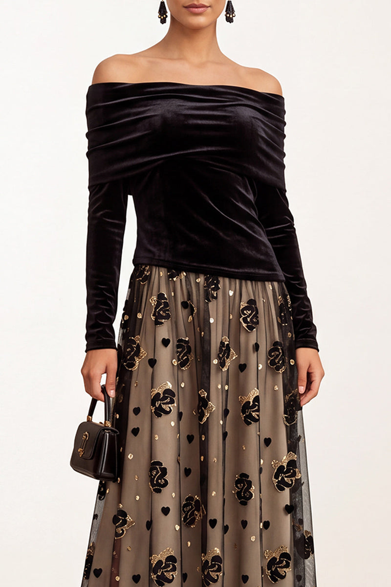 Load image into Gallery viewer, Black Champagne Floral A Line Velvet Ruched Midi Formal Dress with Sleeves