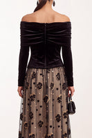 Load image into Gallery viewer, Black Champagne Floral A Line Velvet Ruched Midi Formal Dress with Sleeves