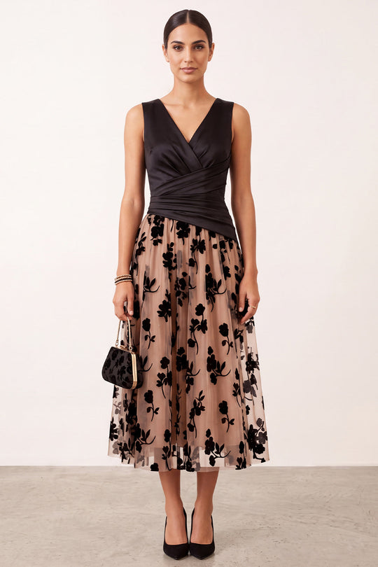 Black Champagne Floral A-Line V-Neck Ruched Midi Formal Dress