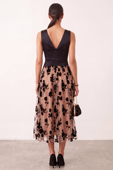 Black Champagne Floral A-Line V-Neck Ruched Midi Formal Dress
