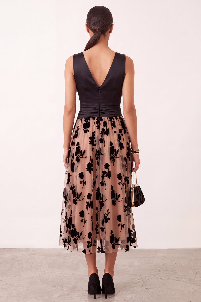 Load image into Gallery viewer, Black Champagne Floral A-Line V-Neck Ruched Midi Formal Dress