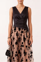 Load image into Gallery viewer, Black Champagne Floral A-Line V-Neck Ruched Midi Formal Dress