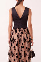 Load image into Gallery viewer, Black Champagne Floral A-Line V-Neck Ruched Midi Formal Dress