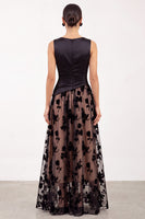 Load image into Gallery viewer, Floral Black Champagne Ruched Bateau Neck Satin A-Line Long Formal Dress