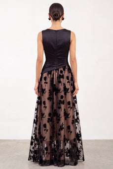 Floral Black Champagne Ruched Bateau Neck Satin A-Line Long Formal Dress