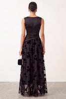 Load image into Gallery viewer, Floral Black Champagne Ruched Bateau Neck Satin A-Line Long Formal Dress