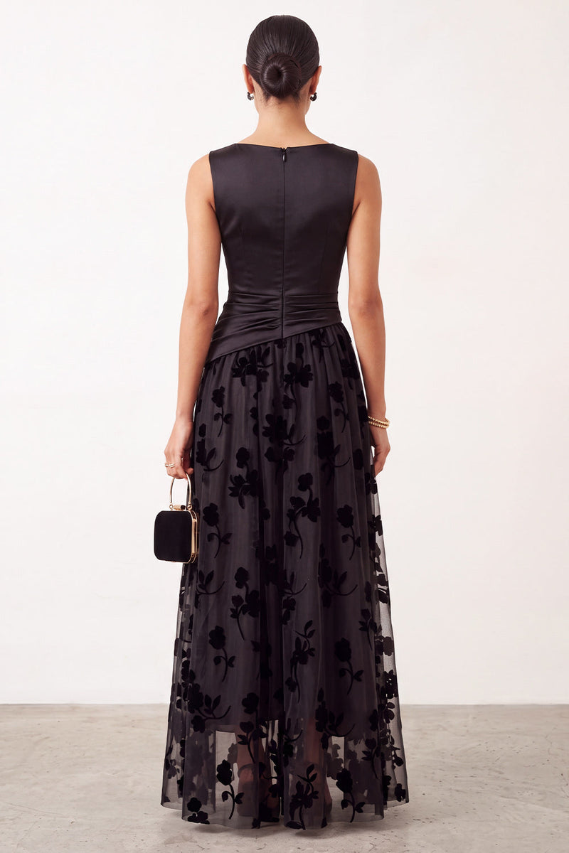 Load image into Gallery viewer, Floral Black Champagne Ruched Bateau Neck Satin A-Line Long Formal Dress