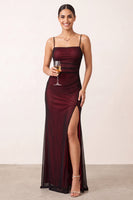 Load image into Gallery viewer, Black Red Spaghetti Straps Mermaid Long Formal Dress with Slit