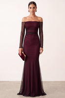 Load image into Gallery viewer, Black Red Ruched Off the Shoulder Mermaid Long Formal Dress with Sleeves