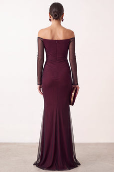 Black Red Ruched Off the Shoulder Mermaid Long Formal Dress with Sleeves