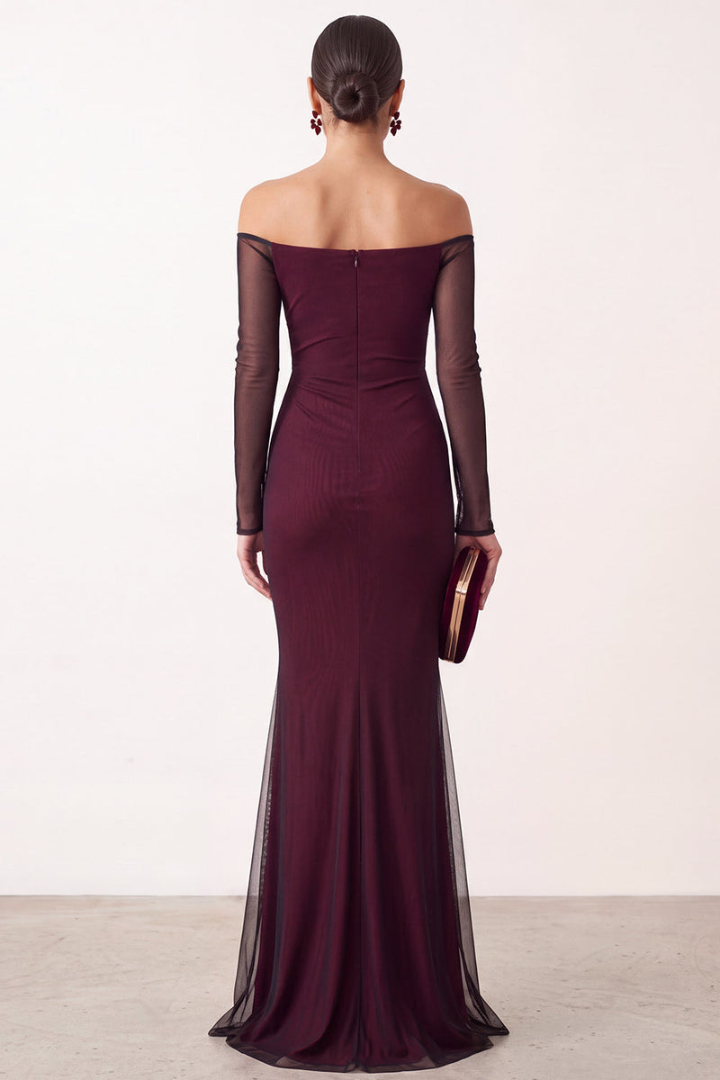 Load image into Gallery viewer, Black Red Ruched Off the Shoulder Mermaid Long Formal Dress with Sleeves