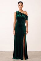 Load image into Gallery viewer, Dark Green Velvet Ruched One Shoulder Sheath Long Formal Dress with Slit