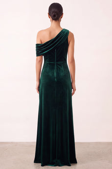 Dark Green Velvet Ruched One Shoulder Sheath Long Formal Dress with Slit