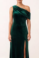 Load image into Gallery viewer, Dark Green Velvet Ruched One Shoulder Sheath Long Formal Dress with Slit