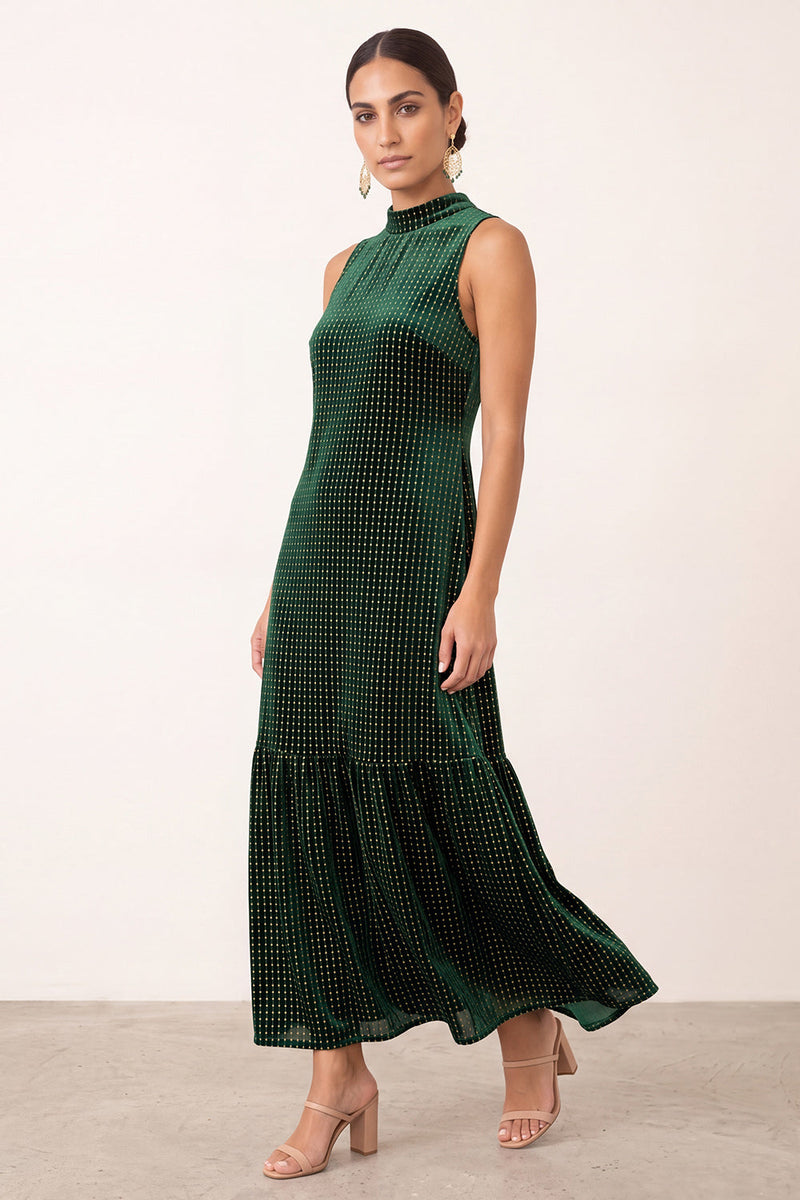 Load image into Gallery viewer, Dark Green Beaded Ruffled Velvet Sheath High Neck Long Formal Dress