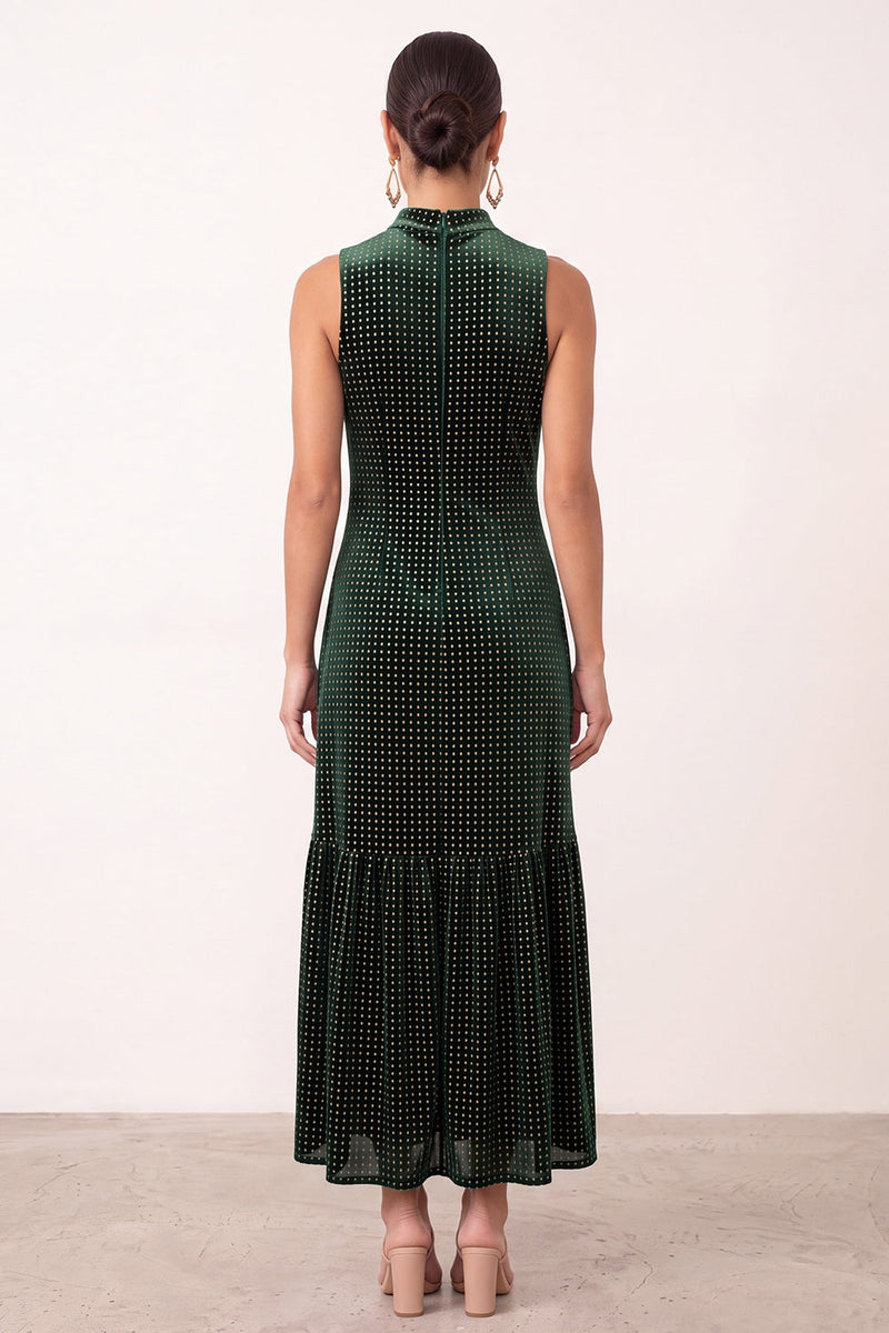 Load image into Gallery viewer, Dark Green Beaded Ruffled Velvet Sheath High Neck Long Formal Dress